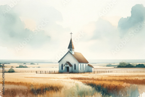 Watercolor painting of a little church in the Countryside