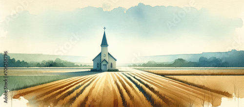 Watercolor painting of a little church in the Countryside