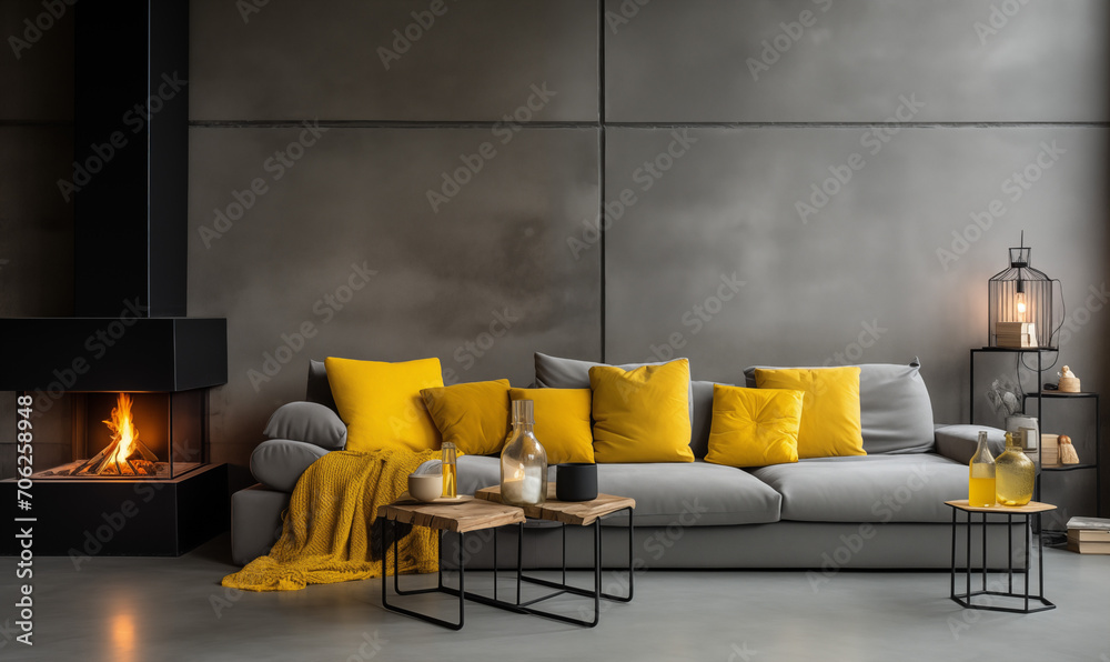 Fototapeta premium Jasna sofa z żółtymi poduszkami na tle betonowej ściany z kominkiem. Skandynawski wystrój wnętrz nowoczesnego salonu. Skandynawski wystrój wnętrz. Dużo światła. Jasne przestronne wnętrze