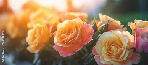 Pink and yellow rose flower in the garden and sunlight with bokeh,Generative AI