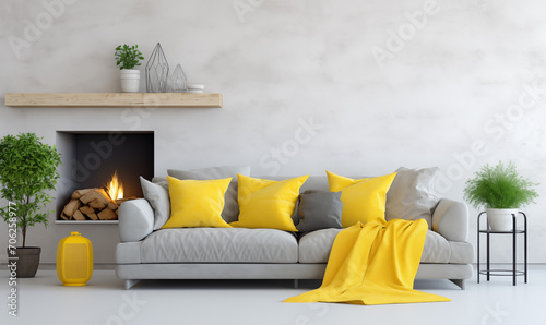 Jasna sofa z żółtymi poduszkami na tle betonowej ściany z kominkiem. Skandynawski wystrój wnętrz nowoczesnego salonu. Skandynawski wystrój wnętrz. Dużo światła. Jasne przestronne wnętrze