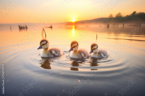 cygnets paddling in lake at sunrise