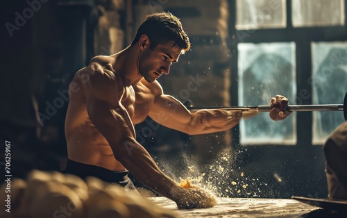 A muscular man at the gym vigorously slaps a weighted barbell against a slab of dough. photo