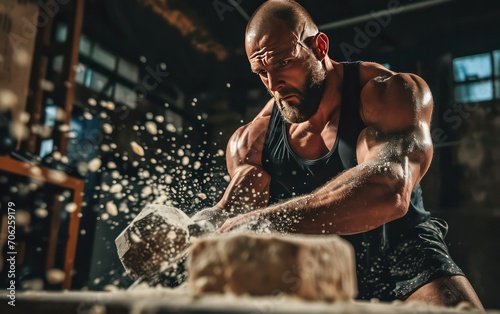 A muscular man at the gym vigorously slaps a weighted barbell against a slab of dough.