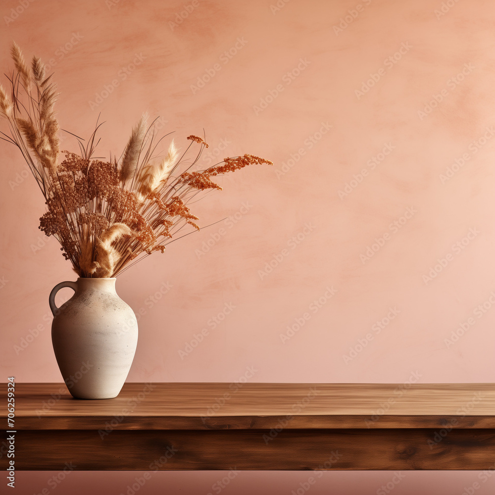 Wooden table with vase with bouquet of dried flowers near empty blank terracotta wall with copy space,,peach fuzz