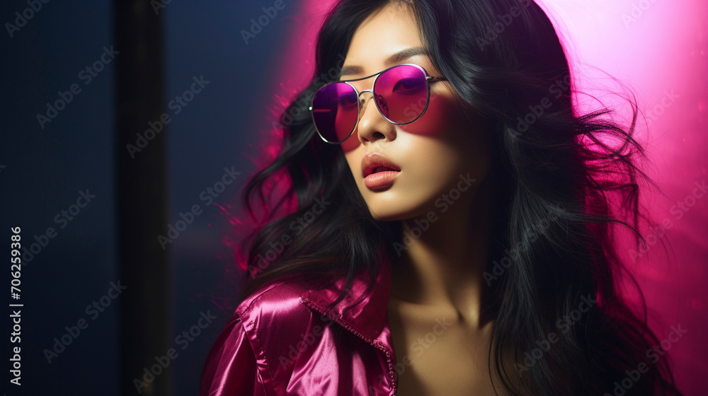 Glamorous Sunglasses Appeal: Korean Model Shines in Pink, generative ai