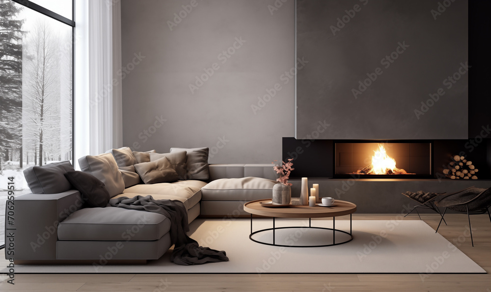 Obraz premium Szara narożna sofa przy szklanym kominku. Minimalistyczny wystrój nowoczesnego salonu. Skandynawski design, wygodne meble