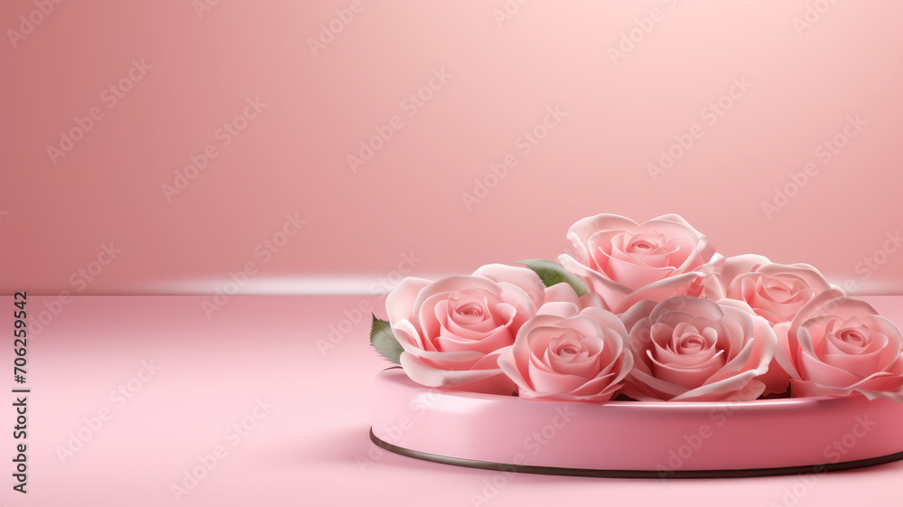Blank podium with pink roses on pink background. Showcase for product, perfume, jewelry and cosmetic presentation Blank podium with pink roses on pink background. Showcase for product, perfume, jewelry and cosmetic presentation