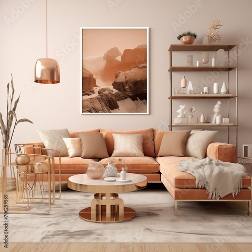 A living room dominated by peach, white and bronze colors, modern, aesthetic, trendy photo