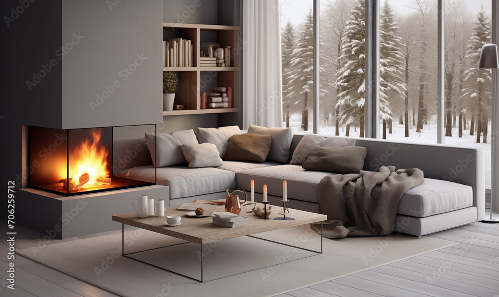 Fototapeta premium Szara narożna sofa przy szklanym kominku. Minimalistyczny wystrój nowoczesnego salonu. Skandynawski design, wygodne meble