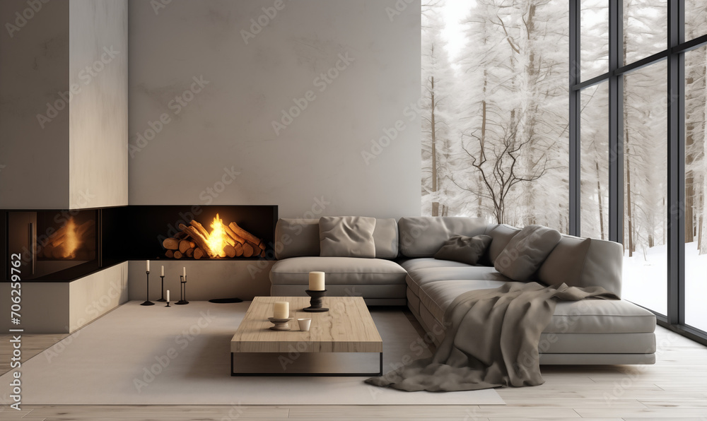 Fototapeta premium Szara narożna sofa przy szklanym kominku. Minimalistyczny wystrój nowoczesnego salonu. Skandynawski design, wygodne meble