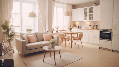 interior design spacious bright studio apartment in Scandinavian style and warm pastel white and beige colors. trendy furniture in the living area and modern details in the kitchen area photo