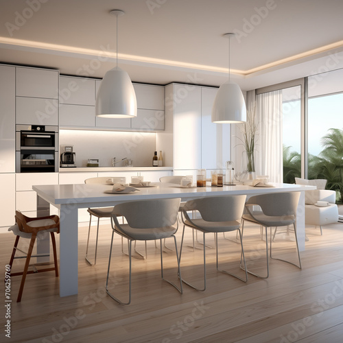 Elegant modern minimalist kitchen interior design with island, dining table and chairs