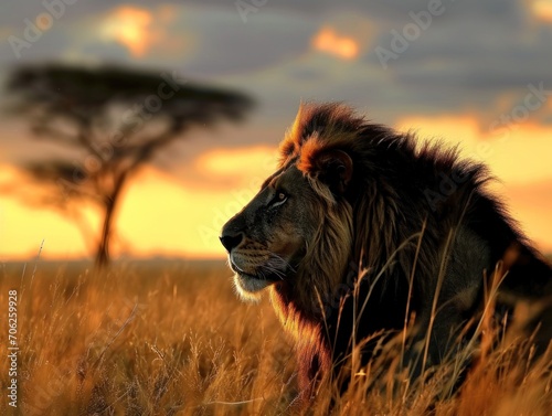 A regal lion in the warm golden sunlight of the African savanna at dusk.