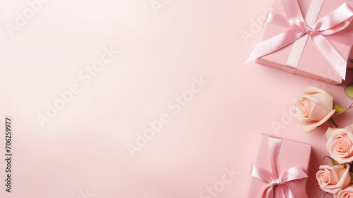 Top view photo of trendy gift boxes with ribbon bows and red rose on isolated pastel color background © wiparat