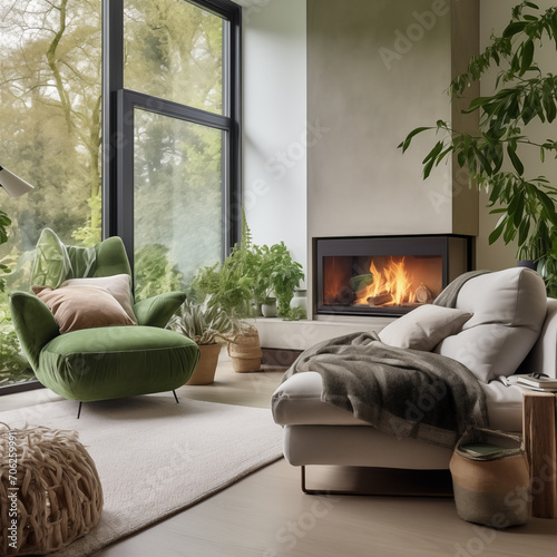 Zielony fotel pokoju z nowoczesnym kominkiem. Skandynawski wystrój wnętrz nowoczesnego salonu w domu. dużo zieleni za oknem