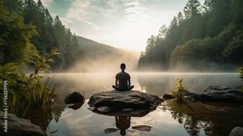 Meditating in serenity: peaceful nature scene emphasizing tranquility, mindfulness, and relaxation