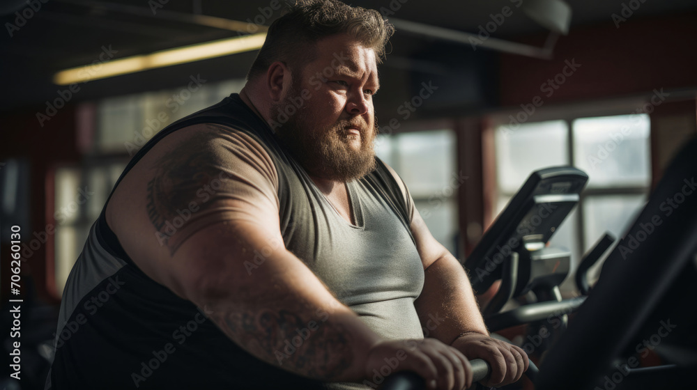 Plus size man, tired and running for exercise, fitness and training for weightloss, diet and indoor wellness. Fatigue, person and workout for healthy challenge, sports and losing weight cardio Plus size man, tired and running for exercise, fitness and training for weightloss, diet and indoor wellness. Fatigue, person and workout for healthy challenge, sports and losing weight cardio