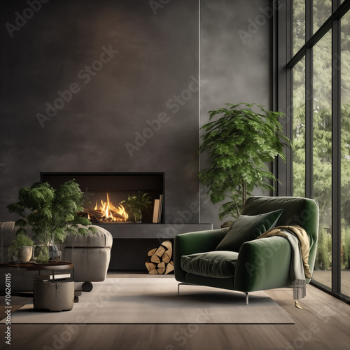 Zielony fotel  pokoju z nowoczesnym kominkiem. Skandynawski wystrój wnętrz nowoczesnego salonu w domu. dużo zieleni za oknem