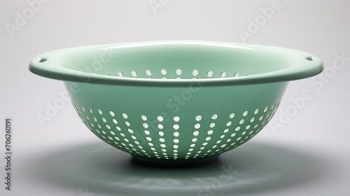 a calming seafoam green colander, its serene hue evoking the freshness of nature, its simplicity and natural appeal contrasting with the minimalist white setting.
