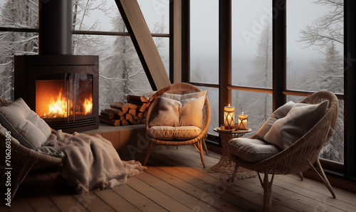 Wnętrze drewnianego domu w stylu skandynawskim Hytte, kominek wygodne miękkie fotele i ciepłe koce. Za oknem zimowa aura photo