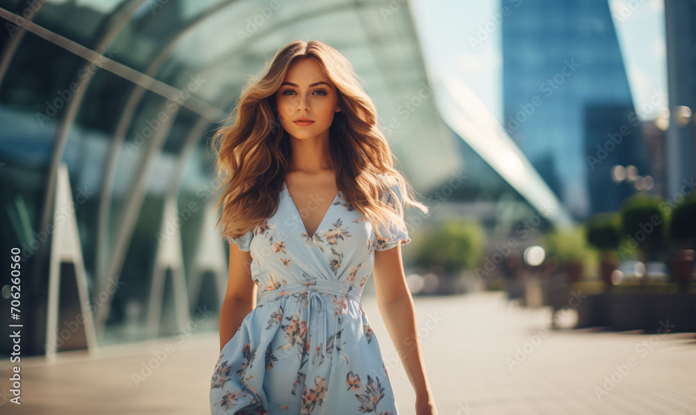 Fototapeta premium Atrakcyjna dziewczyna w krótkiej letniej sukience idzie chodnikiem w tle budynki nowoczesnego miasta