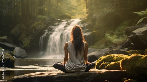 Meditating in serenity: peaceful nature scene emphasizing tranquility, mindfulness, and relaxation