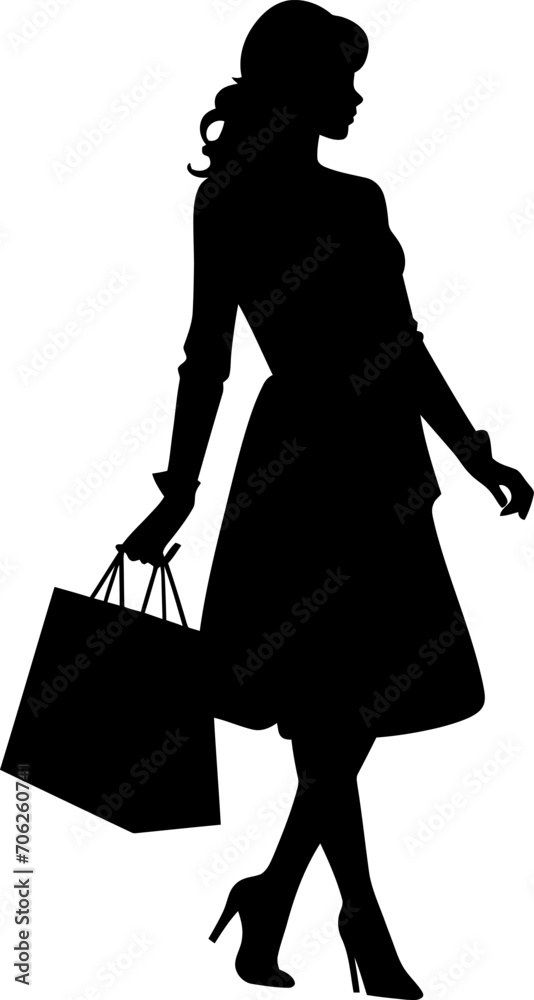 Woman with shopping bag silhouette in black color. Vector template design.