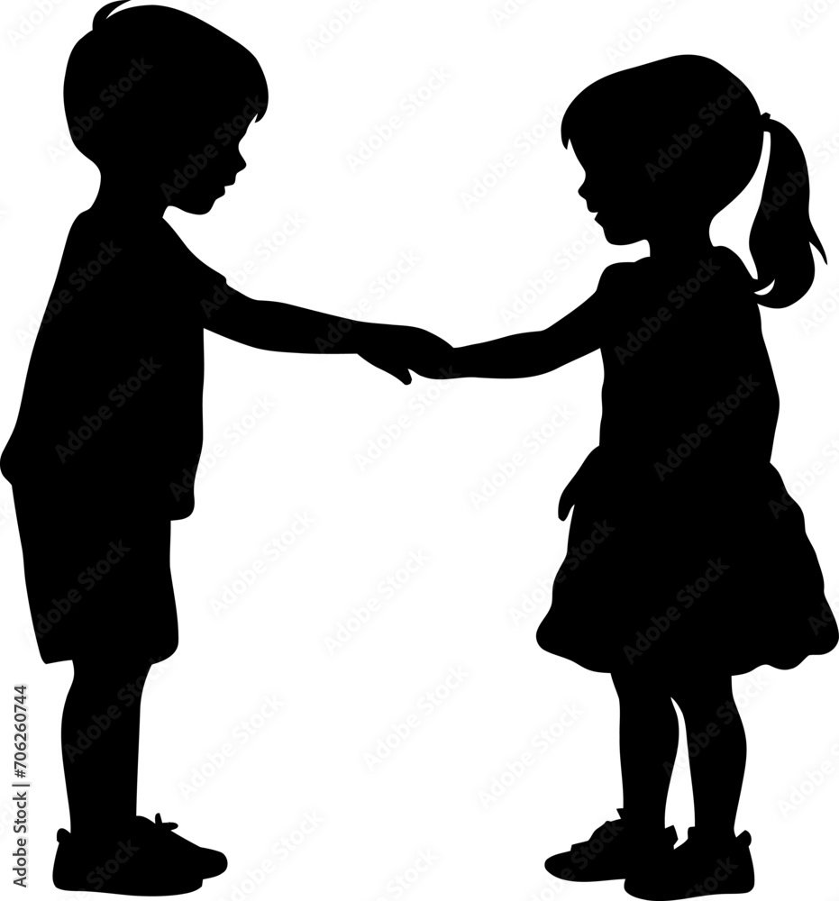 Little children take hands each other silhouette in black color. Vector template for laser cutting wall art.