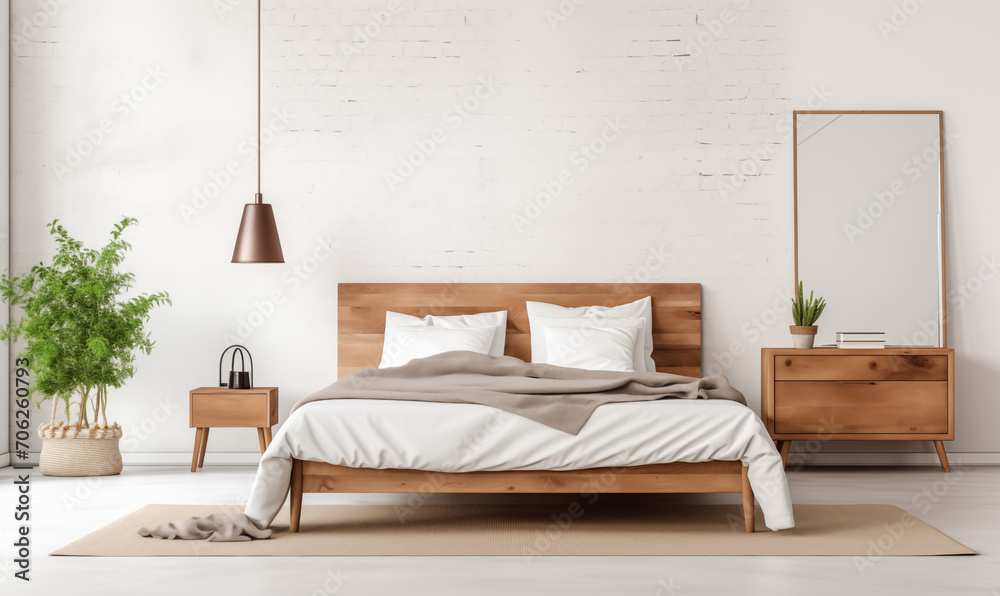 Rustykalne drewniane łóżko na tle pustej białej ściany z miejscem do kopiowania. Skandynawski loftowy projekt nowoczesnej sypialni.   - obrazy, fototapety, plakaty 
