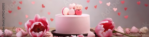 A pink cake sitting on top of a wooden table