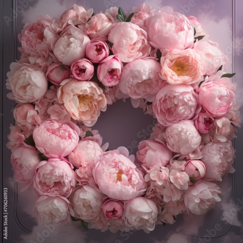 A wreath of pink peonies on a purple background