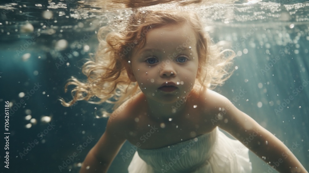 A little girl in a white dress under water