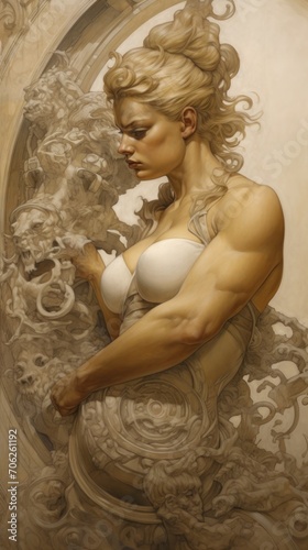 A painting of a woman in a white bra top