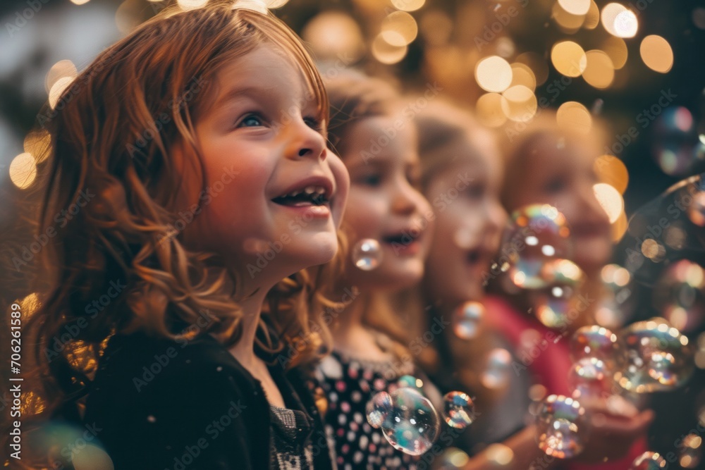 Joyful children with sparkling eyes admiring bubbles, with warm bokeh lights in the background. Joyful children with sparkling eyes admiring bubbles, with warm bokeh lights in the background.