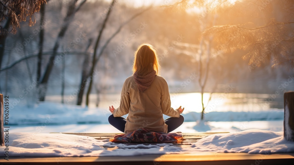 Winter serenity: tranquil meditation amidst nature's embrace for mindfulness and relaxation
