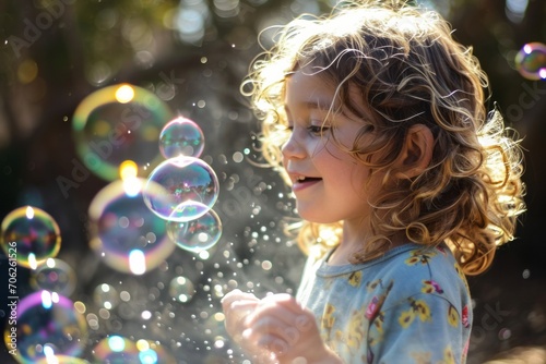 Joyful child playing with soap bubbles in sunlit park, capturing innocence and happiness.
