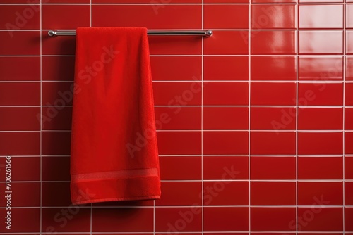 Red towel on red tile background. Bathroom. Hotel. Apartments. Background. Spa.