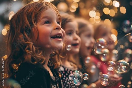 Joyful children with sparkling eyes admiring bubbles, with warm bokeh lights in the background.