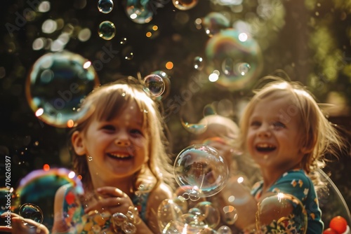 Joyful children playing with soap bubbles outdoors on a sunny day.
