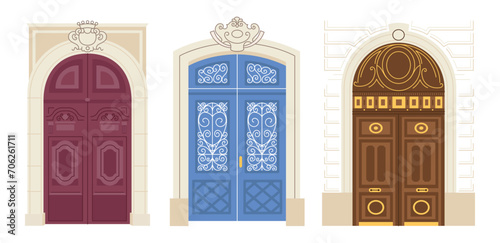 Front doors of residential houses. Home entrances exteriors. Outside of doorways luxury vintage antique. Different entries from street. Flat vector illustrations isolated on white background