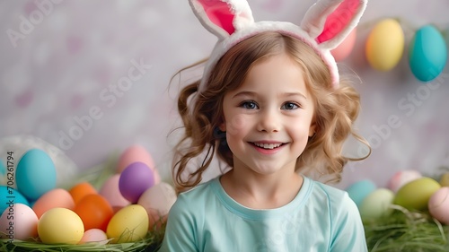 Easter. a delighted child girl with colored eggs and bunny ears