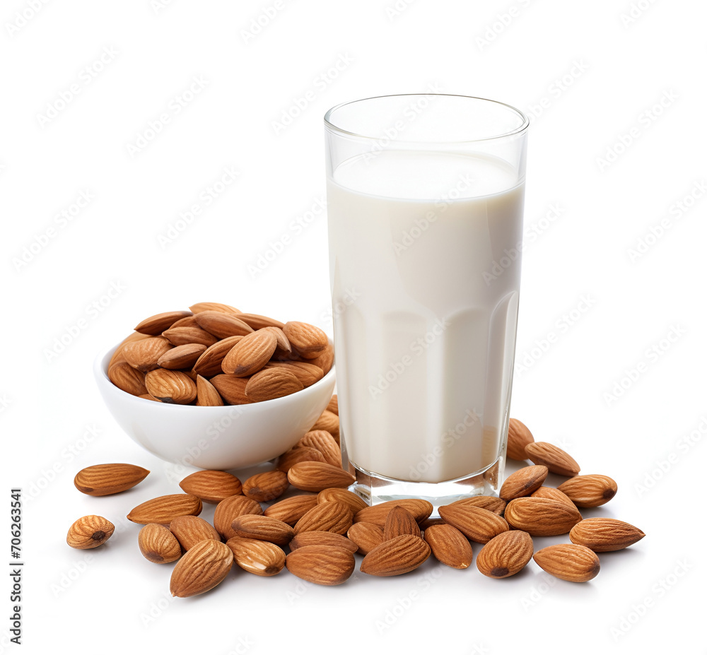 Glass of almonds milk with almonds nuts on white backgrounds Glass of almonds milk with almonds nuts on white backgrounds