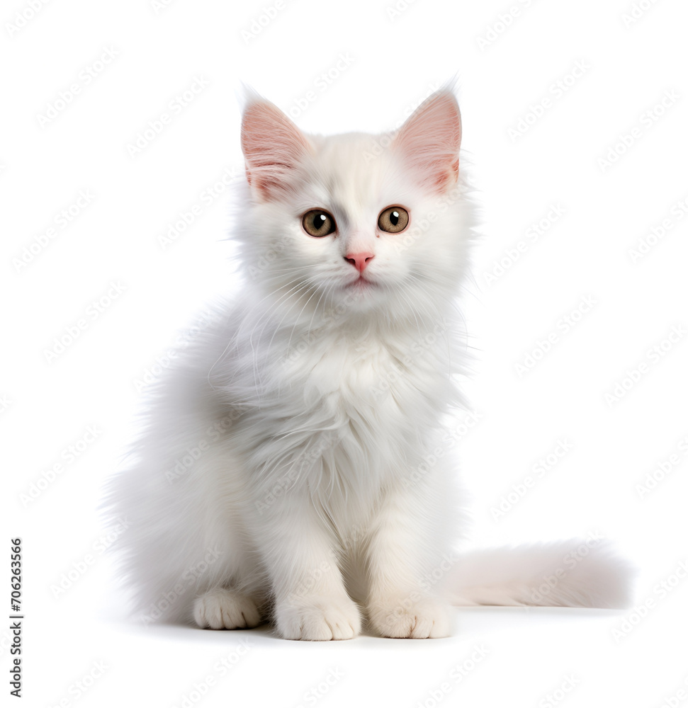 White fluffy kitten on white backgrounds
