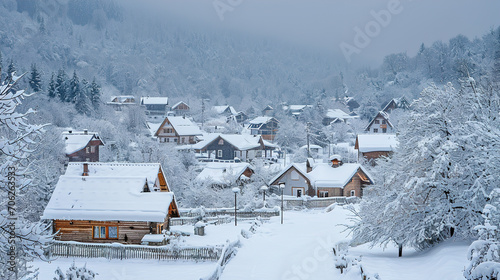Winter wonderland. Mountain modern Village in winter, Snowdrifts