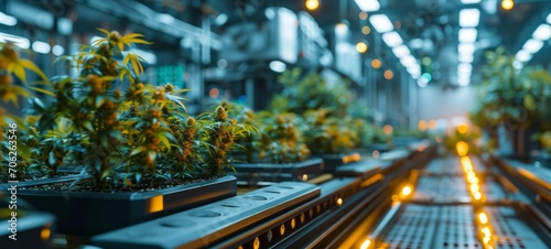 Modern futuristic greenhouse with rows of emerging hemp seedlings being processed and monitored by AI-controlled robots using digital tools to check growth parameters and environmental conditions.