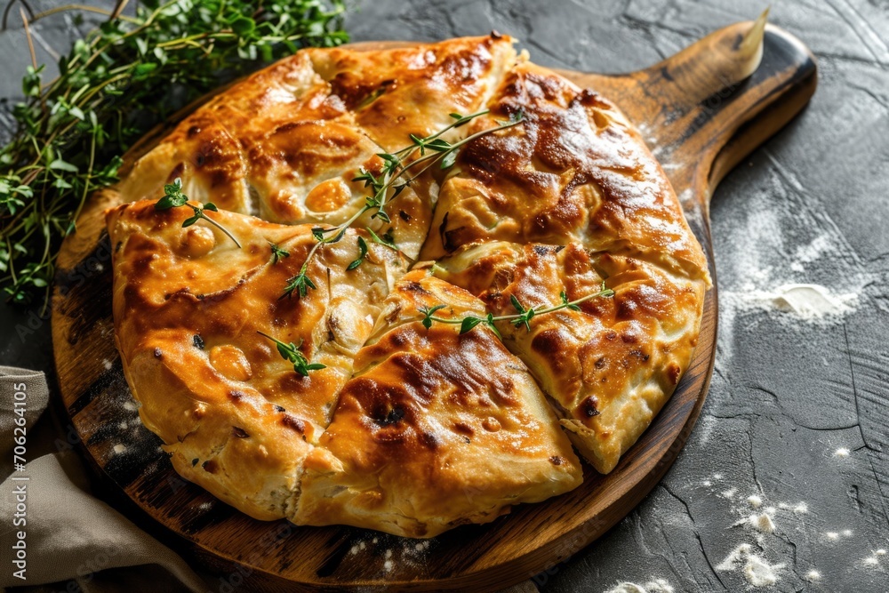 Khachapuri with cheese and thyme on a wooden board - obrazy, fototapety, plakaty 