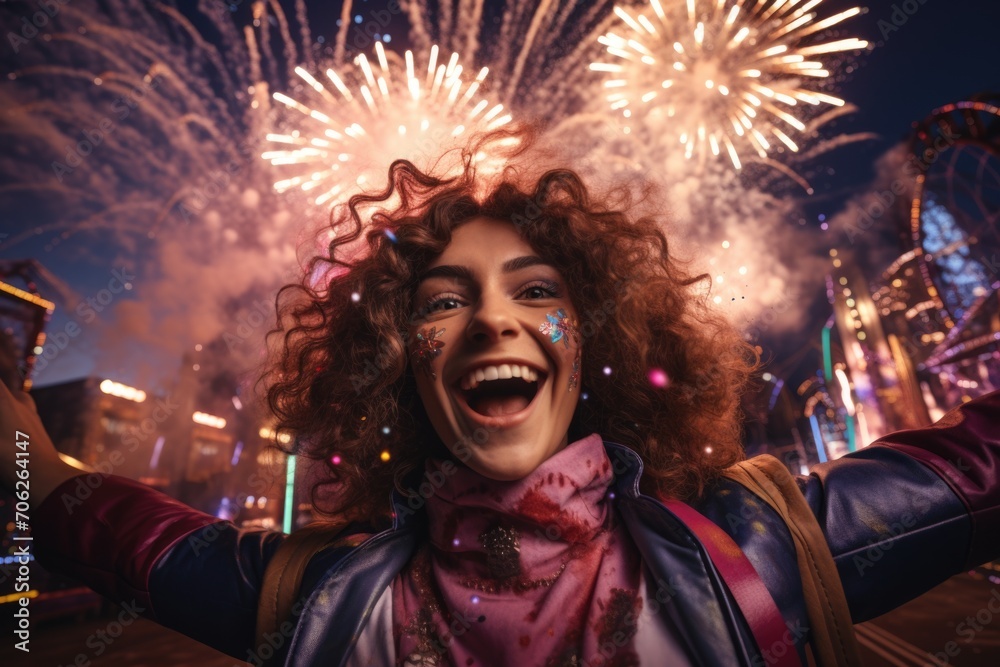 Obraz premium Beautiful young woman taking selfie with fireworks in the background. Portrait of a happy girl on the background of fireworks.