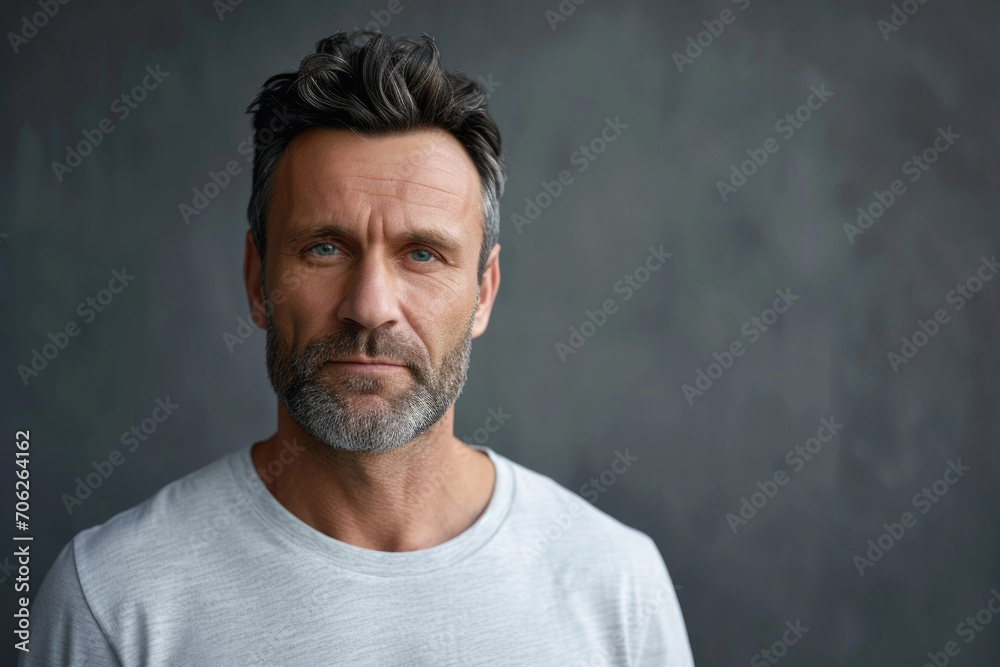 Poret of a handsome forty-year-old American man with a well-groomed face wearing a white t-shirt against a gray background.