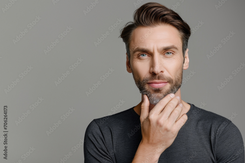 Portrait of a handsome bearded man touching his chin and looking into the camera, isolated on a grayish Portrait of a handsome bearded man touching his chin and looking into the camera, isolated on a grayish